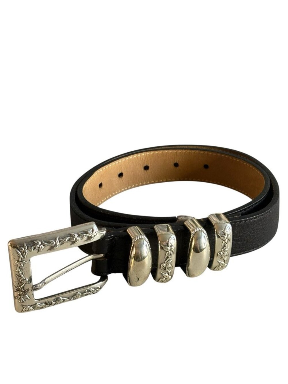 Streets Ahead Modern Western Style Black Leather Belt Silver Buckle Sz M 4213